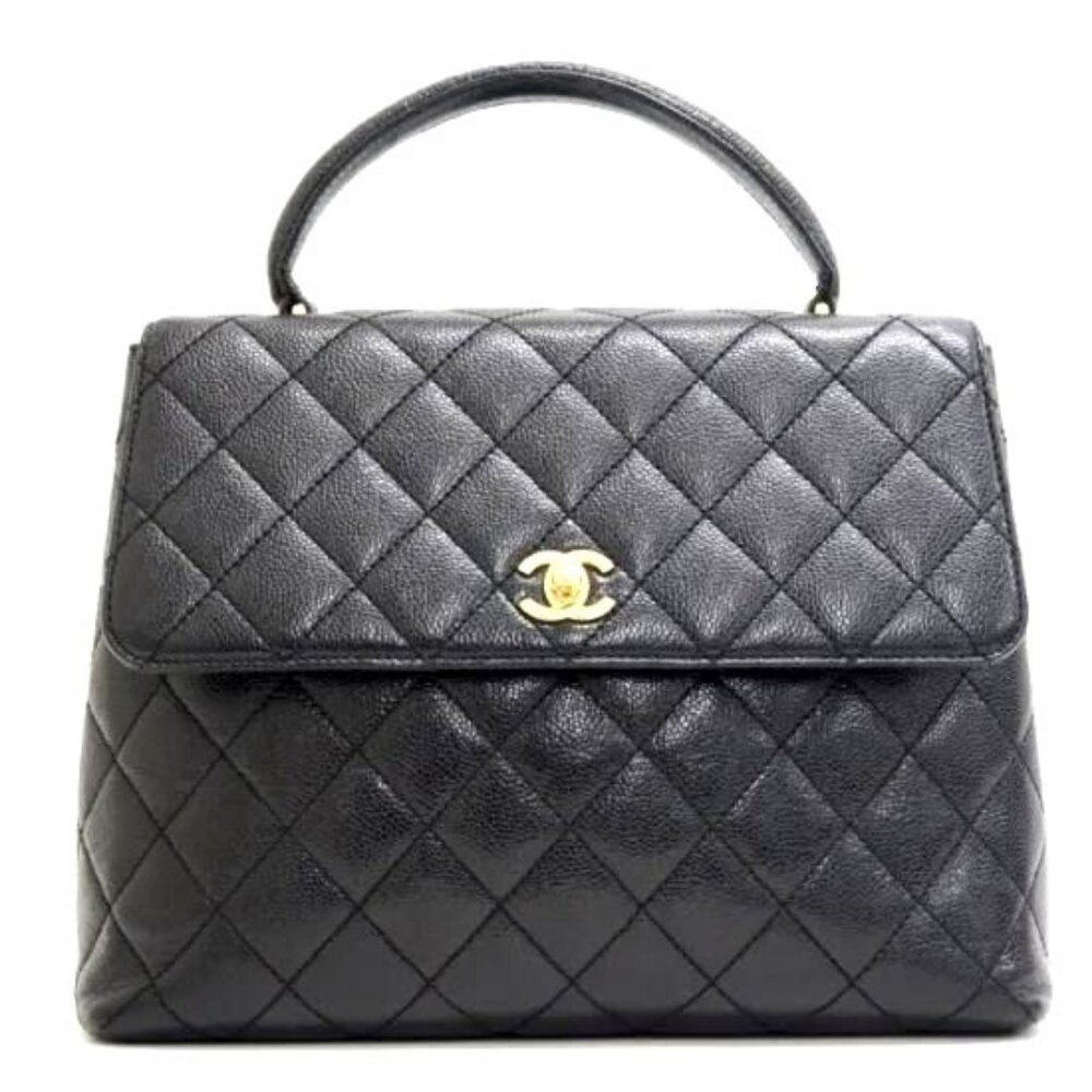 Authentic CHANEL 24K CC Caviar Vintage Kelly Quilted Flap Bag Black Purse Handle